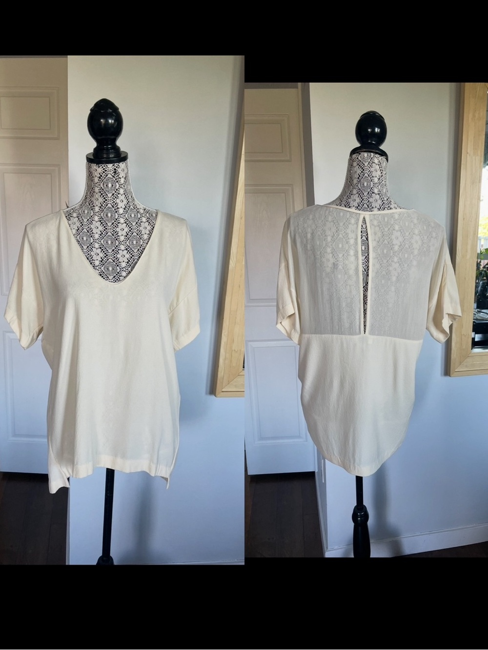 Aritzia 100% Silk Crepe T Babaton Oversized Blouse Mesh Back Top Shirt. Medium.